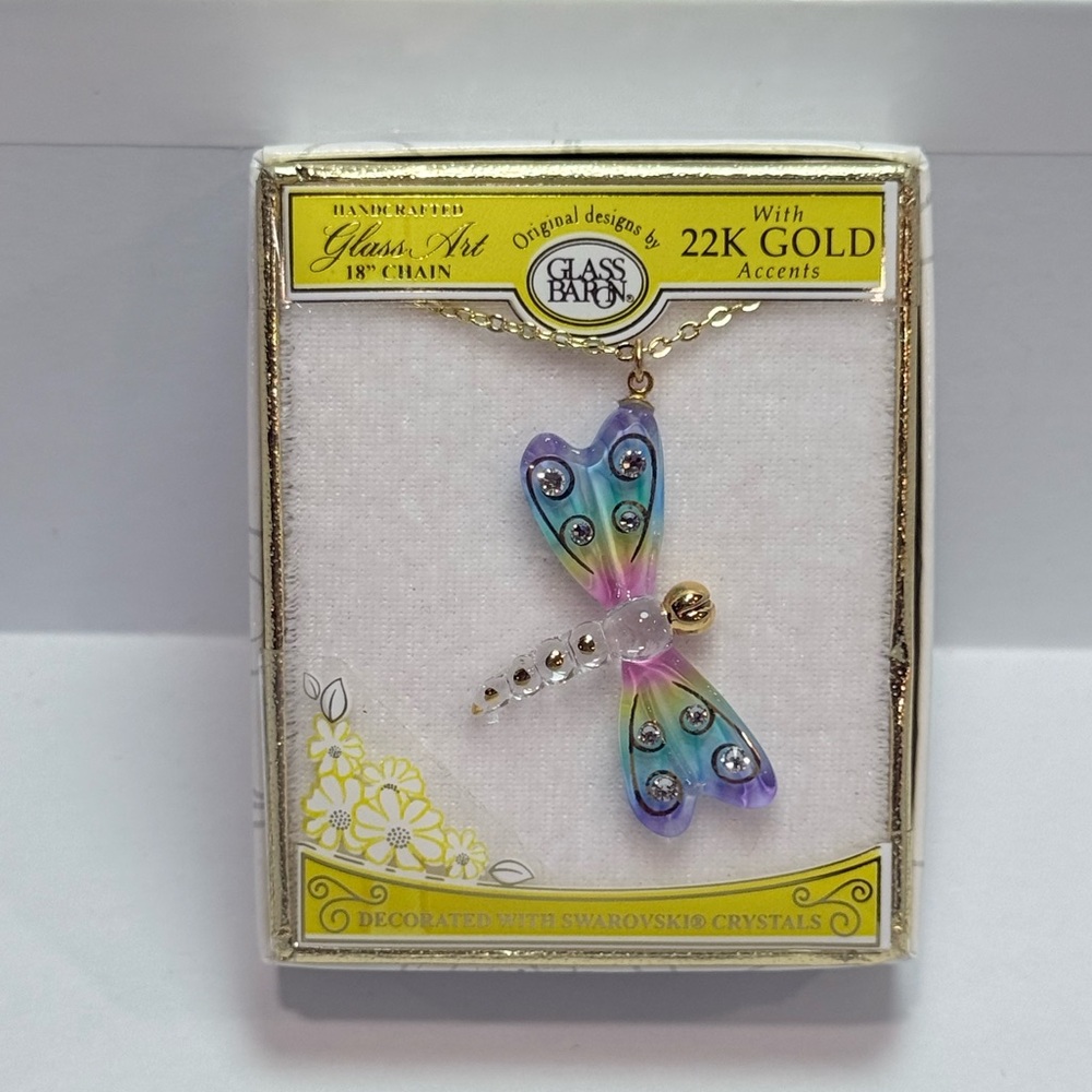 Glass Baron Rainbow Dragonfly Necklace 22K Gold Trim Swarovski Crystals NEW